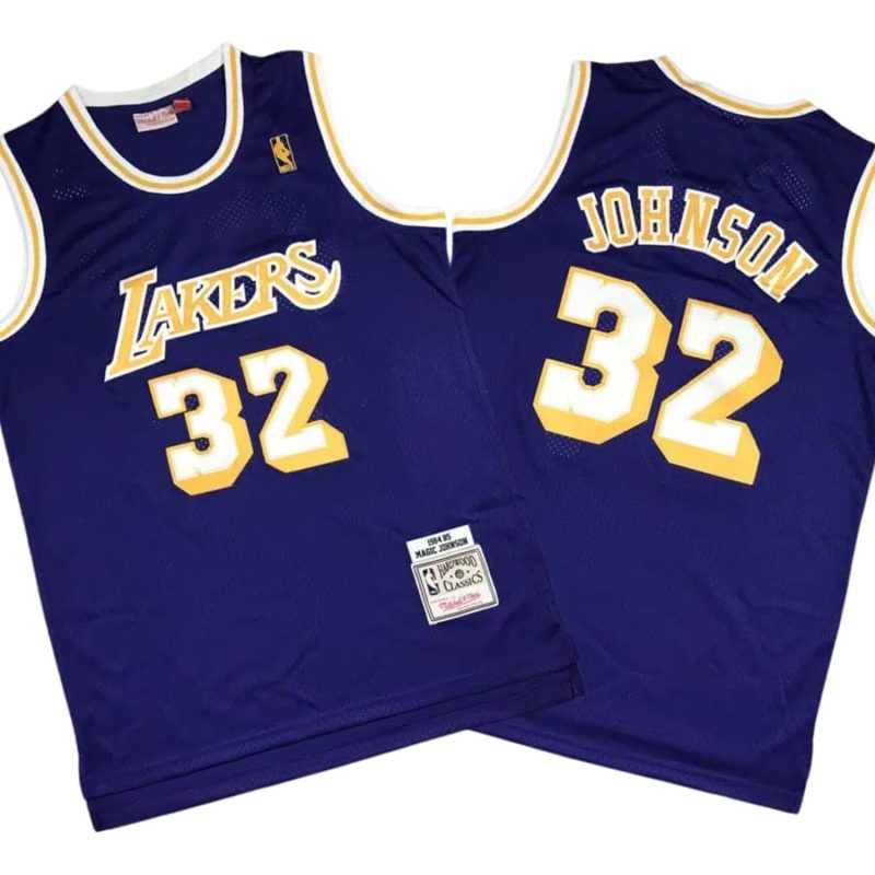 Earvin Johnson 32 LA Lakers Hardwood Classics Swingman Purple Gold Stitched Jersey