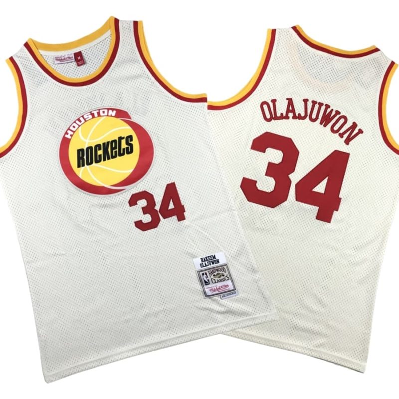 Hakeem Olajuwon 34 Red Houston Rockets Cream Chainstitch Swingman Jersey