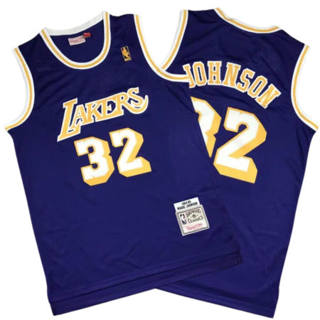 Earvin Johnson 32 LA Lakers Hardwood Classics Purple Gold Stitched Jersey