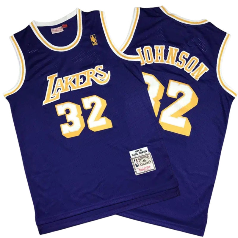 Earvin Johnson 32 LA Lakers Hardwood Classics Purple Gold Stitched Jersey