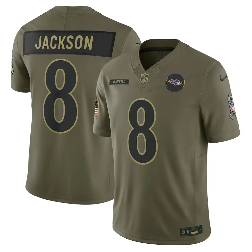 Baltimore Ravens Lamar Jackson Olive 2025 Salute to Service Limited Jersey
