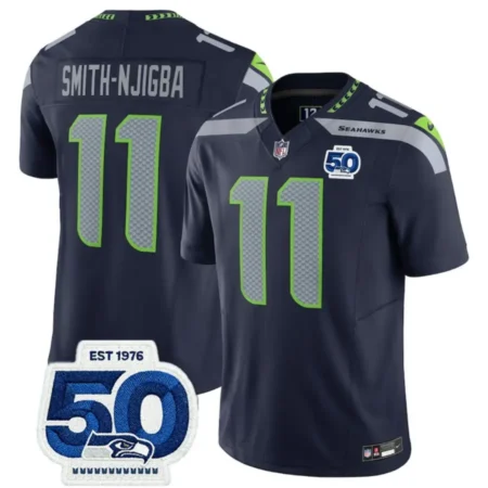 Seattle Seahawks #11 Jaxon Smith-Njigba Navy 2025 50th Anniversary Patch Limited Stitched Football Jersey