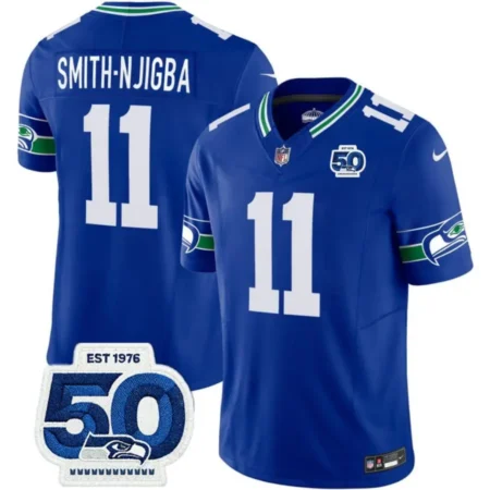 Seattle Seahawks #11 Jaxon Smith-Njigba Royal 2025 50th Anniversary Patch Limited Stitched Football Jersey