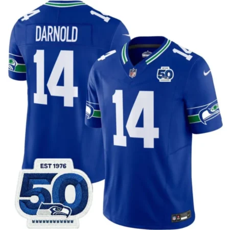 Seattle Seahawks #14 Sam Darnold Royal 2025 50th Anniversary Patch Throwback Limited Stitched Football Jersey