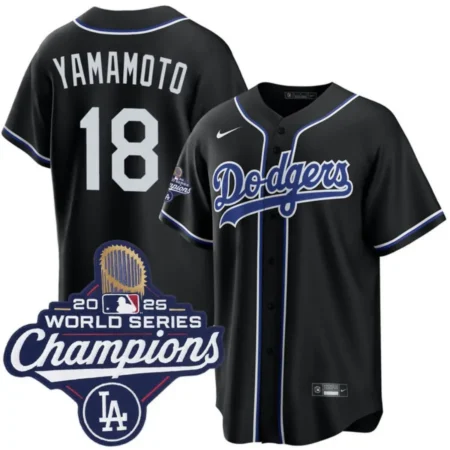 Yoshinobu Yamamoto Los Angeles Dodgers Black Lights Out 2025 World Series Champions Jersey
