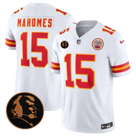 Kansas City Chiefs #15 Patrick Mahomes White John Madden Patch Stitched Jersey.