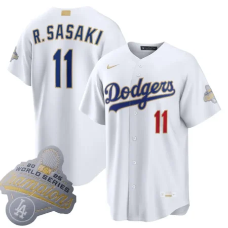 Los Angeles Dodgers Roki Sasaki Nike White 2026 Gold Collection Stadium Jersey