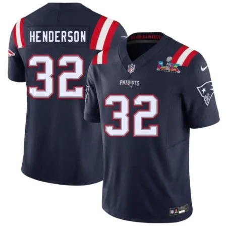 New England Patriots #32 TreVeyon Henderson Navy 2026 Bowl LX Patch Vapor Limited Stitched Football Jersey