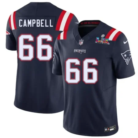 New England Patriots #66 Will Campbell Navy 2026 Bowl LX Patch Vapor Limited Stitched Football Jersey
