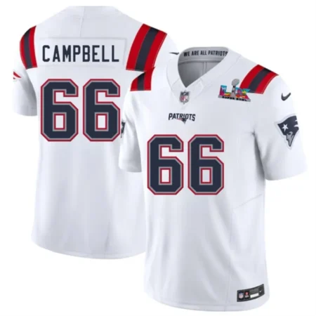 New England Patriots #66 Will Campbell White 2026 Bowl LX Patch Vapor Limited Stitched Football Jersey