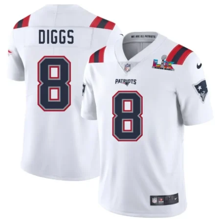 New England Patriots #8 Stefon Diggs Bowl LX Patch White 2026 Vapor Limited Stitched Football Jersey