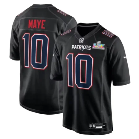 New England Patriots Drake Maye Black Bowl LX Patch Carbon Fashion Game Jersey