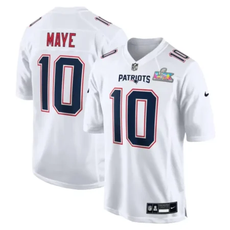 New England Patriots Drake Maye White Bowl LX Patch Tundra Fashion Game Jersey