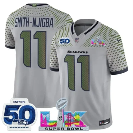 Seattle Seahawks #11 Jaxon Smith-Njigba Grey 2025 F.U.S.E. Super Bowl LX Patch And 50th Season Patch “Rivalries” Vapor Limited Stitched Football Jersey