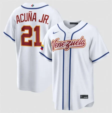 Venezuela Baseball #21 Ronald Acuña Jr. White 2026 World Baseball Classic Home Stadium Stitched Jersey
